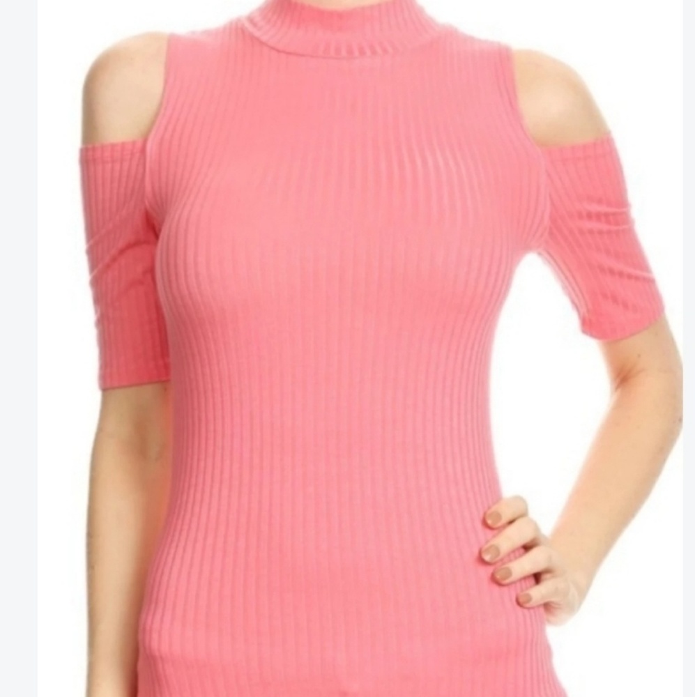 Pink cold shoulder top with mock neck
